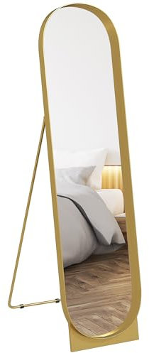 HOMCOM Miroir sur Pied arqué 40 x 160 cm, Grand Miroir avec Cadre en métal et Film antidéflagrant, Montage au Sol ou appuyé Contre Le Mur, pour Chambre à Coucher Salon et Dressing, doré