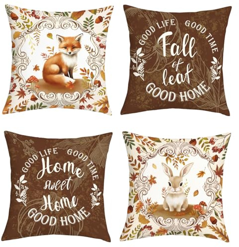 Joymaison Kissenbezüge 45x45 4er Set Herbst Tiere Fuchs Hase Herbstblätter | Deko Kissenhülle Erntedankfest Ahornblätter Eichenfrucht Ernte Saisonnal Dekorative Kissenbezug Kissen für Couch Sofa