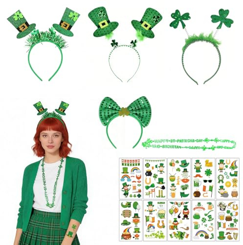 St. Patrick's Day Kopfbänder Set - 4-teiliges Set mit grünen Kopfband-Designs, 2x mit 3-Blättrigem Kleeblatt-Antennen, 2x mit grünen Hüten, 1x mit grünem Schleifen-Kopfschmuck und 80 cm Klee