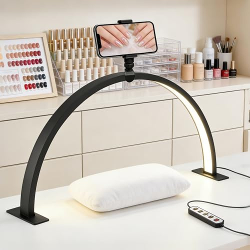 Half Moon Light for Nail Desk, 3000 Lumen Half Moon Lamp with Phone Holder, 3 Color Modes & 10 Brightness Adjustable, 55cm LED Nail Desk Light for Lashes Eyelash Extensions Tattoo Skin Care (Black)