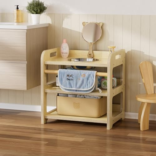 MSFE Lavabo Montessori con Espejo de Oso,Reloj de Arena,Toalla y Cesta,Marco de Lavabo Infantil de Madera para Ayudar al Niño a Experimentar la Higiene Personal e Autonomía con Diversión,35*50*50CM