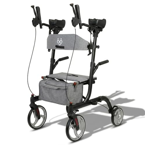 ForeverSenior Aluminium Arthritis Rollator mit Unterarmstützen, 9,8 kg | Faltbare Gehhilfe, gepolsterte Armauflagen für aufrechtes Gehen, gepolsterter Sitz, Tasche, Stockhalter, schwarz/grau