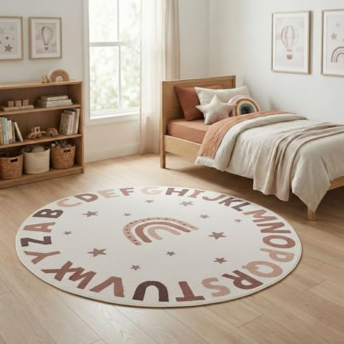 Carpetsale24 Kinderteppich Alphabet Lernteppich rund 160 cm für Kinderzimmer in Creme mit Buchstaben Motiv ideal zum Lernen und Spielen