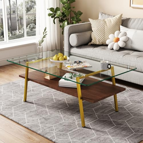 HYSZ Mesa de centro, mesa auxiliar, mesa de sofá, mesa de café, escritorio – Mesa auxiliar de alta calidad con tapa de cristal templado y patas de metal doradas, 98 x 58 x 42,5 cm