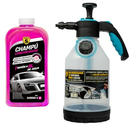 SPSIL Pack Lavado de Coche-Champú Concentrado pH Neutro con Espuma Activa Floral Suave 1000ml + Pulverizador de Espuma 2L,Kit Completo para Limpieza Profesional en Coches y Motos
