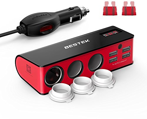 BESTEK 3 Fach Zigarettenanzünder 200W Verteiler LED-Anzeige mit 4 USB Anschlüsse Adapter 12/24V DC Auto Ladegerät für Smartphone, Tablet and GPS usw, mit 2 Sicherung, Rot