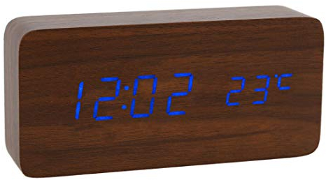 Lancoon HöLzerne Digitaluhr Multifunktions Led Wecker Mit Uhrzeit/Datum/Temperaturanzeige Und Sprachsteuerung Für Home Office Reisen AC11Brown_Blue