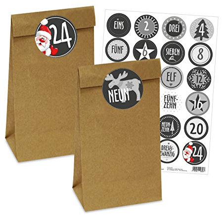 OLShop AG Adventskalender 25 Papiertüten Größe M mit 24 Zahlenaufklebern Schwarz/Weiß