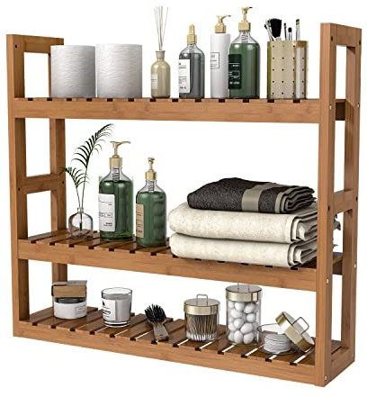 Domax Bambus-Badezimmer-Regal, 3-stöckig, Wandhalterung, Aufbewahrungsregal, multifunktional, verstellbare Schicht, freistehend, über Toiletten, Wohnzimmer, Küche (Walnuss)