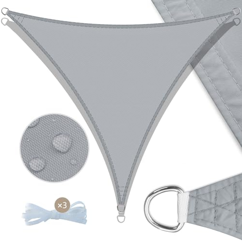 UMI Sonnensegel Wasserdicht 4x4x4m Dreieckig Sonnenschutz Wetterschutz PES Polyester Segel Baldachin 95% UV Schutz mit Seilen für Garten Balkon Terrasse- Hellgrau