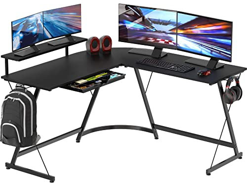 SHW Vista L-förmiger Schreibtisch mit Monitorständer, Schwarz