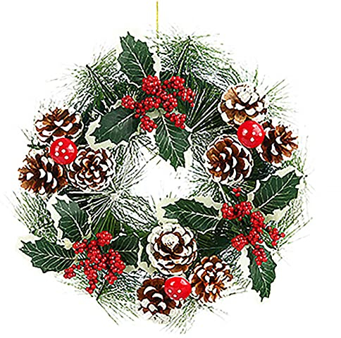 Washranp Couronne de Noël artificielle à suspendre, couronne de pommes de pin givrées, belle et complète pour l'hiver pour porte d'entrée, décoration murale intérieure D