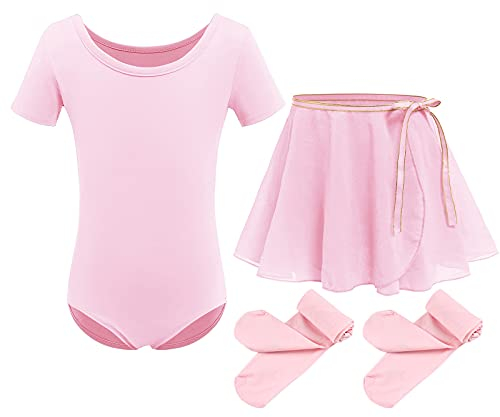 Abbigliamento da danza per bambini, in cotone, a maniche corte, da danza, in chiffon, con gonna avvolgente e collant in 3 pezzi, Colore: rosa., 4-5 Anni