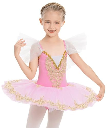 IBAKOM Enfant Filles Robe Ballet Justaucorps lac des cygnes Broderie Dor�e Perles Gymnastique Robe Body V�tements Danse avec Jupe Tutu Rose 4-5 Ans