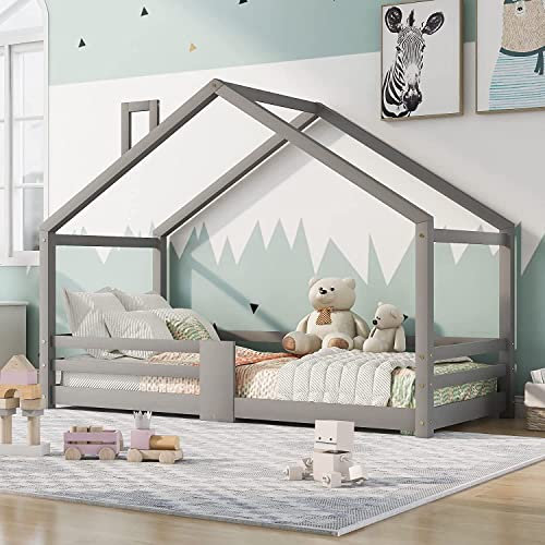 ModernLuxe Kinderbett Hausbett 90x200 cm Rausfallschutz Bett, Holzbett für Kids, Mit Rausfallschutz und Lattenrost, für Kinder (ohne Matratze) (Gray A)