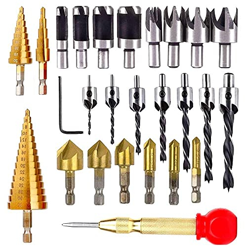 Holzbearbeitung Bohrwerkzeuge, Senker Bohrer Set 6 Senkbohrer + 7 Dreispitzbohrer mit L-Schraubenschlüssel + 8 Holzdübelfräser + 3 Stufenbohrer, Set für Holz DIY Bohrlöcher
