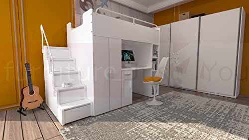 Furniture Just4U Limited Modern Cabin High Sleeper Bed Bunk Bed Loft Bed Storage Mid Sleeper High Bed Wardrobe Desk Stairs Set Foam Mattress Included Maximilian 4SM White Colour (White)