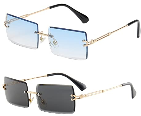YUELUQU Retro Rahmenlose Sonnenbrille für Damen Herren Mode Retro Rechteck Brille Quadratische durchsichtige Sonnenbrille (B-blau+schwarz)