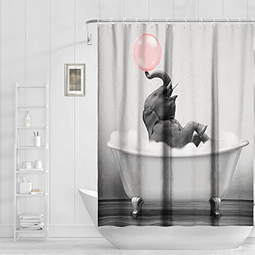 Abaysto Elefanten-Duschvorhang, lustige Tiere, Elefant und Blase auf der Badewanne, Duschvorhänge für Badezimmer, Duschvorhänge-Set mit Haken, Retro-Badezimmer-Dekor