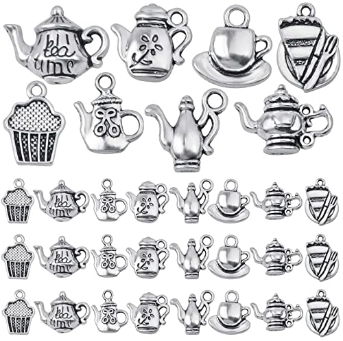 KMOSPAD 40 ciondoli a forma di tazza da tè in argento anticato, stile tibetano, vintage, misti, a forma di teiera, tazza da caffè, ciondoli per creazioni fai da te, collane, bracciali, orecchini