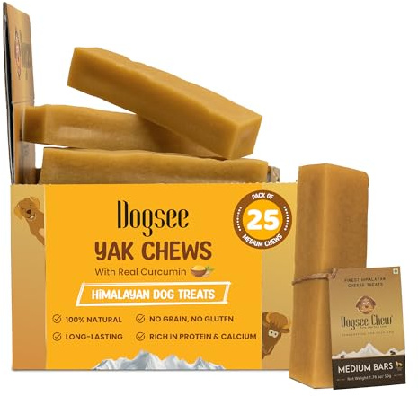 Dogsee Himalayan Yak Chews for Dogs Bulk Box - Medium Turmeric Calming Dog Treats - Yak Milk Dog Chew - Long Lasting Cheese Bones for Dogs - Medium (25 Pack)