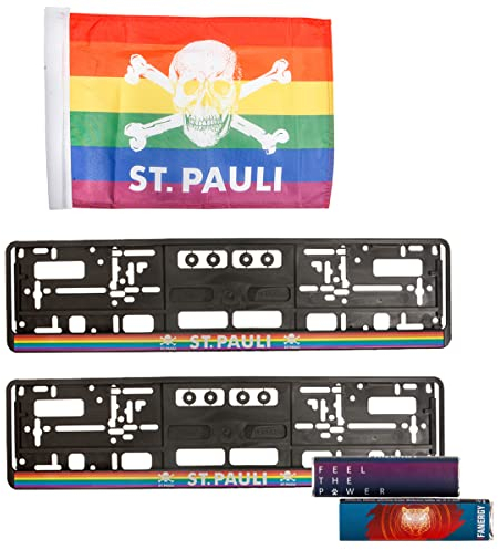 FC St. Pauli Auto Zubehör Dekoration Set Nummernschildhalter Totenkopf Regenbogen + Fahne +2X FANERGY Traubenzucker