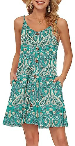 WNEEDU Vestido Mujer Verano Playa Correa Vestidos Corto Cuello en V Casual con Bolsillos Flor Verde Bohemia L