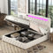 Azkoeesy 140 x 200 cm LED-Polsterbett mit Bettkasten, Stauraumbett Doppelbett mit Metallgestell und Kopfteil, USB, Bluetooth-Player, LED-Licht, Leinen-Bezug, Hellbeige