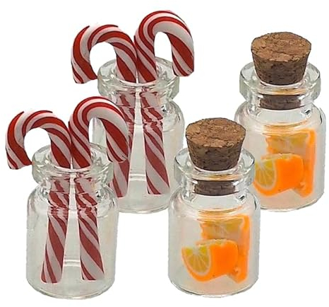 ZauberDeko Wichtel Zubehör Mini Flaschen mit Zuckerstangen Orangenscheiben Set 4- teilig