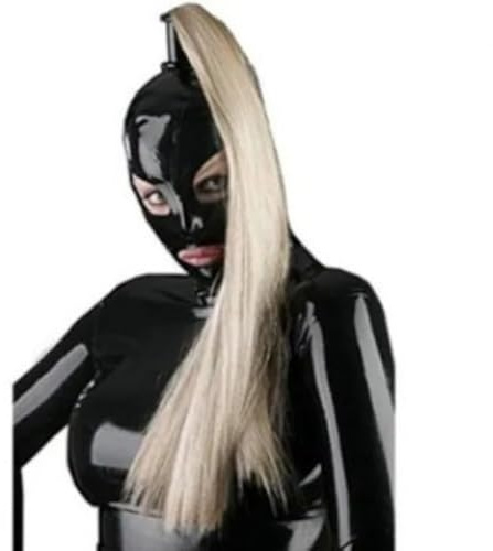 ZYDHHP Latex Maske mit Blonder Perücke und Öffnungen für Mund und Nase, Fetisch Cosplay BDSM Maske mit Reißverschluss für Paare, Sexspielzeug für Erwachsene, Schwarz, S