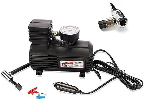 A2ZWORLD Mini compresor portátil para coche, inflador de neumáticos de coche, portátil, 12 V, profesional, bomba de aire con manómetro analógico, toma encendedor de cigarrillos, forma bomba