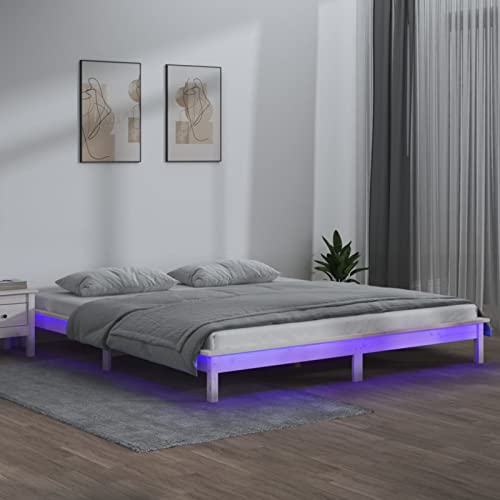 GuyAna Massivholzbett mit LEDs Weiß 140x190 cm Bett 140x200 Mit Led Jugendbett Palettenbett