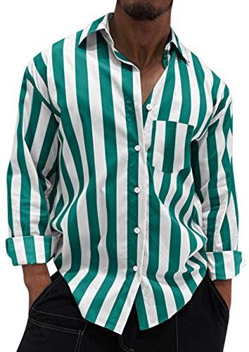 biJerou Men's Regular-Fit Long-Sleeve Casual Shirt Mens Chic Stripe Long Sleeve Turn-Down Collar Button Loose Top Men's Long Sleeve Business Casual Shirt Loose Fit Shirts Mint Green