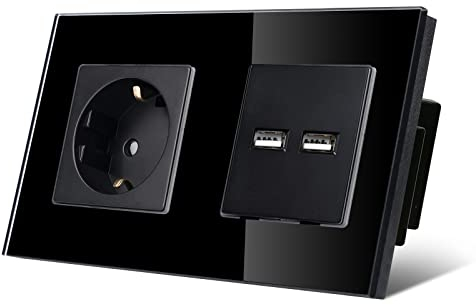 TAWOIA Schuko Wandsteckdose,1 Fach mit Doppelter USB 5V x 3,1A (Max 15W), Kristallglas Rahmen Unterputzdose,Steckdose für,16 A,Steckdose mit USB Schwarz,86 * 157 mm