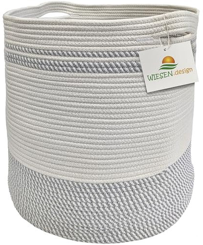 WIESEN.design Korb Ben Ø41xH46 cm Hellgrau/Weiß/61 L, Aufbewahrungskorb geflochten aus Baumwolle, Aufbewahrung Kinderzimmer Badezimmer, Korb geflochten, Faltbarer Wäschekorb, Wäschesammler