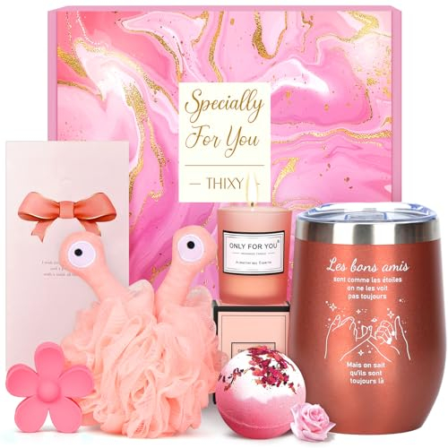 THXIY Joymaking mejores amigos, regalos para novias, ideas de regalo de 16 oz taza térmica personalizada bff rosa regalo para hermanas novias (versión francesa)