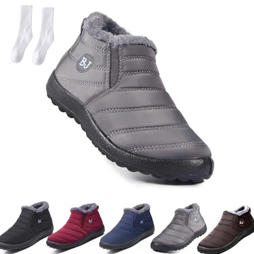 Boojoy Winterstiefel für Damen, wasserdicht, rutschfest, mit Pelz gefüttert, warme Schneestiefel, Knöchelschuhe, grau, 40/41.5 EU