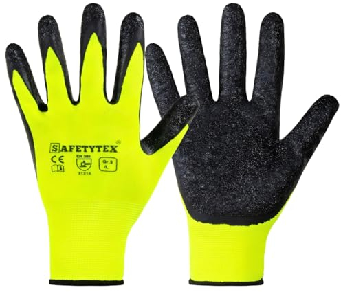 Safetytex 6 Paar Arbeitshandschuhe - Montagehandschuhe mit Latex Beschichtung - neongelbe Handschuhe - Schutzhandschuhe für Haus, Garten, Industrie und Handwerk - Größe 9