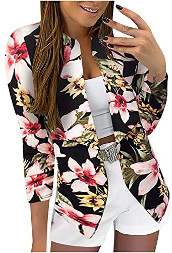 Generisch Blazer estivo da donna, maniche a 3/4, blazer cropped con motivo floreale, giacca elegante, casual, senza bottoni, slim fit, cardigan, Colore: rosa., XL