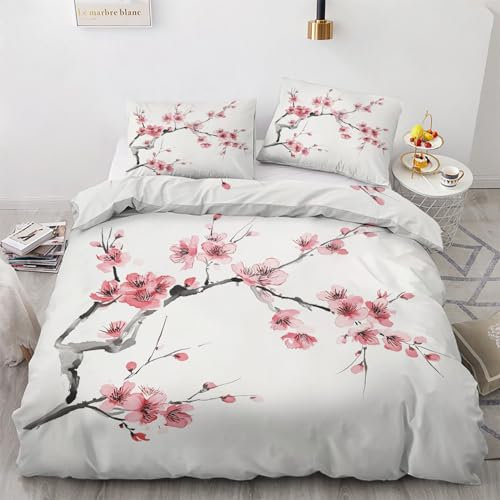 Générique Housse de Couette Fleur de Cerisier 220x240 avec 2 Taies d'oreiller 65x65 cm - Parure de Lit Style Japonais en Microfibre Douce - Linge de Lit 2 Personnes Adulte avec Fermeture éclair F-&59
