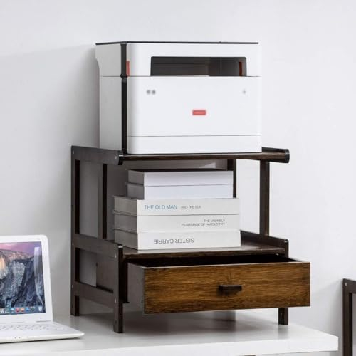 Druckerständer, Braun, Druckerständer, Büro, Desktop-Kopierer, kleiner Drucker, Aufbewahrungsregal, multifunktional, doppellagig, mit 1 Schublade, Druckerständer für Schreibtisch