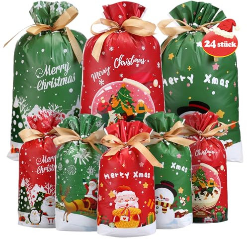 LIHAO 24 Stück Geschenkbeutel Weihnachten 2 Größen Geschenktüten Kordelzug Weihnachtsbeutel zum Befüllen Weihnachtssacker Geschenkverpackung für Süßigkeiten Geschenk