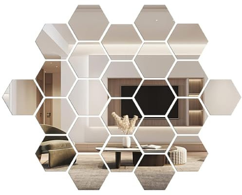 yufana 24 Pezzi a Specchio Autoadesive, Adesivo da Parete a Specchio Esagonale con Sfondo Fai Da Te, Decorazione per Camera da Letto e Soggiorno (126*110*63MM, Argento)