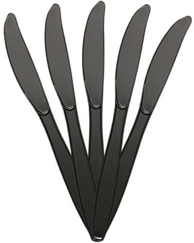 IZMAH LTD 50x Black Reusable Plastic Knives Heavy Duty Disposable Cutlery for Cake Fruits Kitchen Parties Camping Daily Use