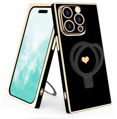 VCGFJD Magnetic Rectangle Case for iPhone 15 Pro Max with Stand, Luxury Electroplate Heart Pattern, Four Corners Shockproof and Lens Edge Raised Protection Case for iPhone 15 Pro Max 6.7 - Black