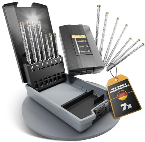 DRILOX SDS Plus Hammerbohrer Set 7-teilig Ø 5-12mm (110/160mm) – Betonbohrer, Steinbohrer für Beton, Stein, Mauerwerk & Ziegel Präzises 4-Schneider Design