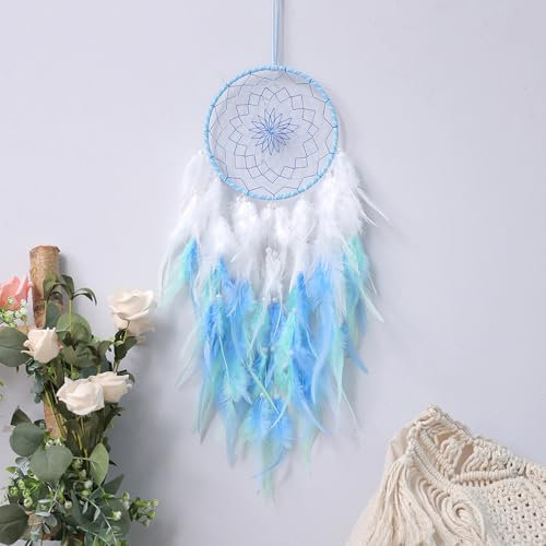 BetterJonny Traumfänger, 60cm Dreamcatcher Blauer Vintage Feder Traumfänger Handgefertigt Dream Catchers im Böhmischen Stil für Wandbehang Wohnkultur Ornamente Handwerk Zimmerdekoration Himmelblau