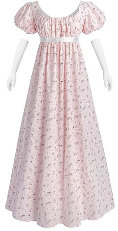 NSPSTT Regency Dress for Women, Pink, Size M, Cotton, Maxi, Adult, Female, Formal, DRESS, Spoon Neck, Puff Sleeve, U Back, Empire Waist, Puffy Sleeves, Adults, History Enthusiasts, Costume Lovers