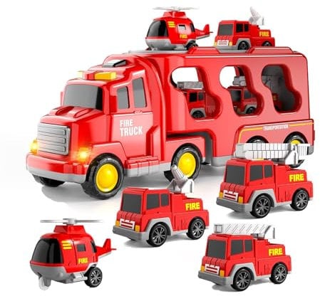 Weiongppy Camion Pompieri Giocattolo,5 In 1 Camion Porta Macchinine,Giocattolo Trasportatore Di Auto,Camion Con Macchinine Dentro,Con Suoni E Luci,Con 4 Mini Auto,Idee Regalo Per Bambini Di 2 Anni