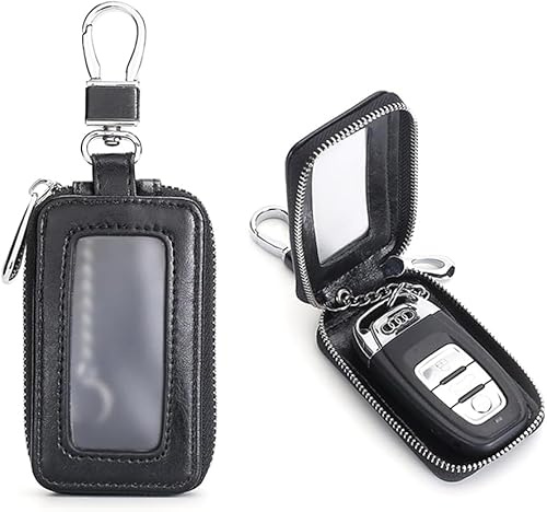 TTPSRY Étui Porteclés Automobile Rectangulaire Cuir Mousqueton Fenêtre Transparente Fermeture Éclair Protection Télécommande